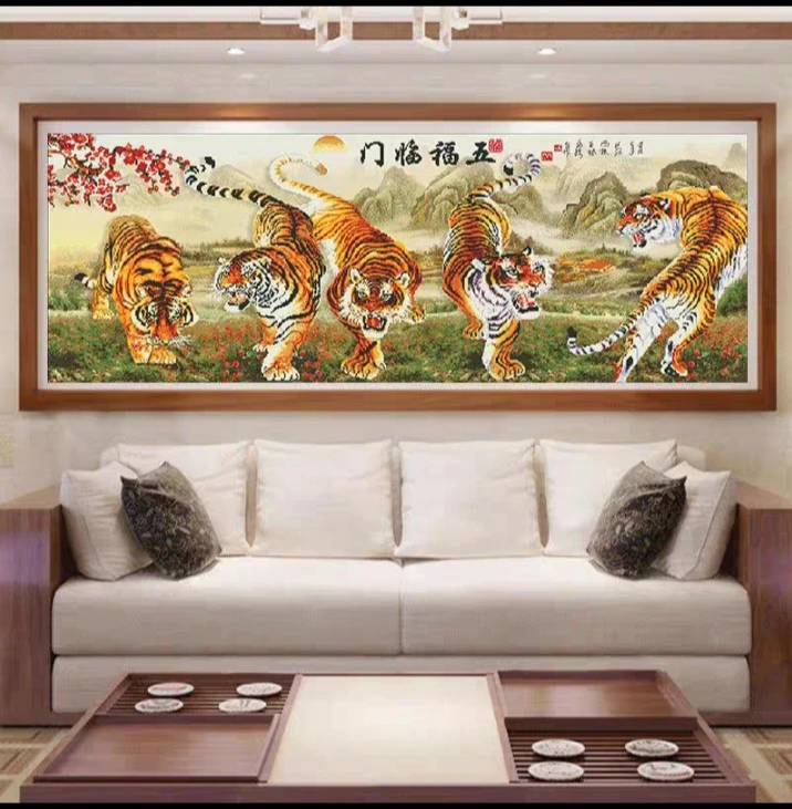 2中格纯手工绣好的十字绣成品09273五福临门老虎客厅装饰挂画