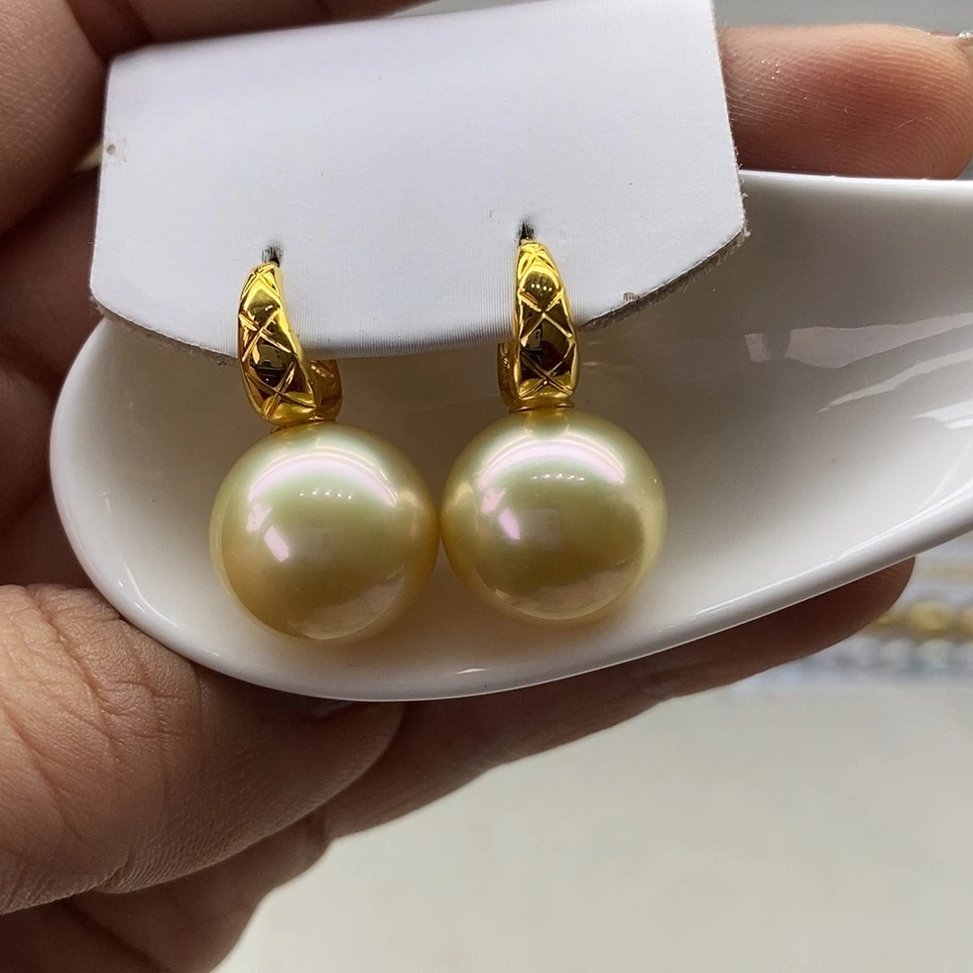 海水珍珠耳饰18K金镶嵌南洋中金珠14-15m m