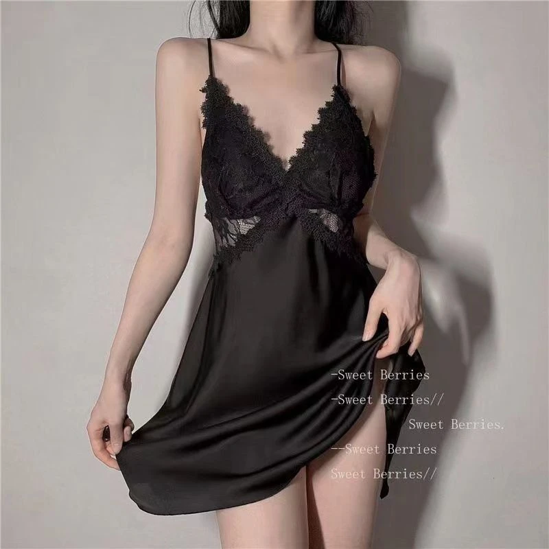 黑色修身性感蕾丝镂空网纱居家睡裙