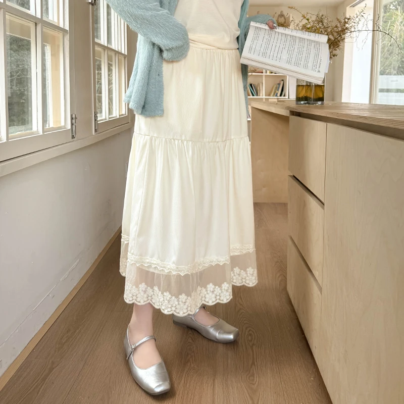DC7195大码女装【初恋神仙半裙】夏季高腰蕾丝拼接宽松百搭半身裙子