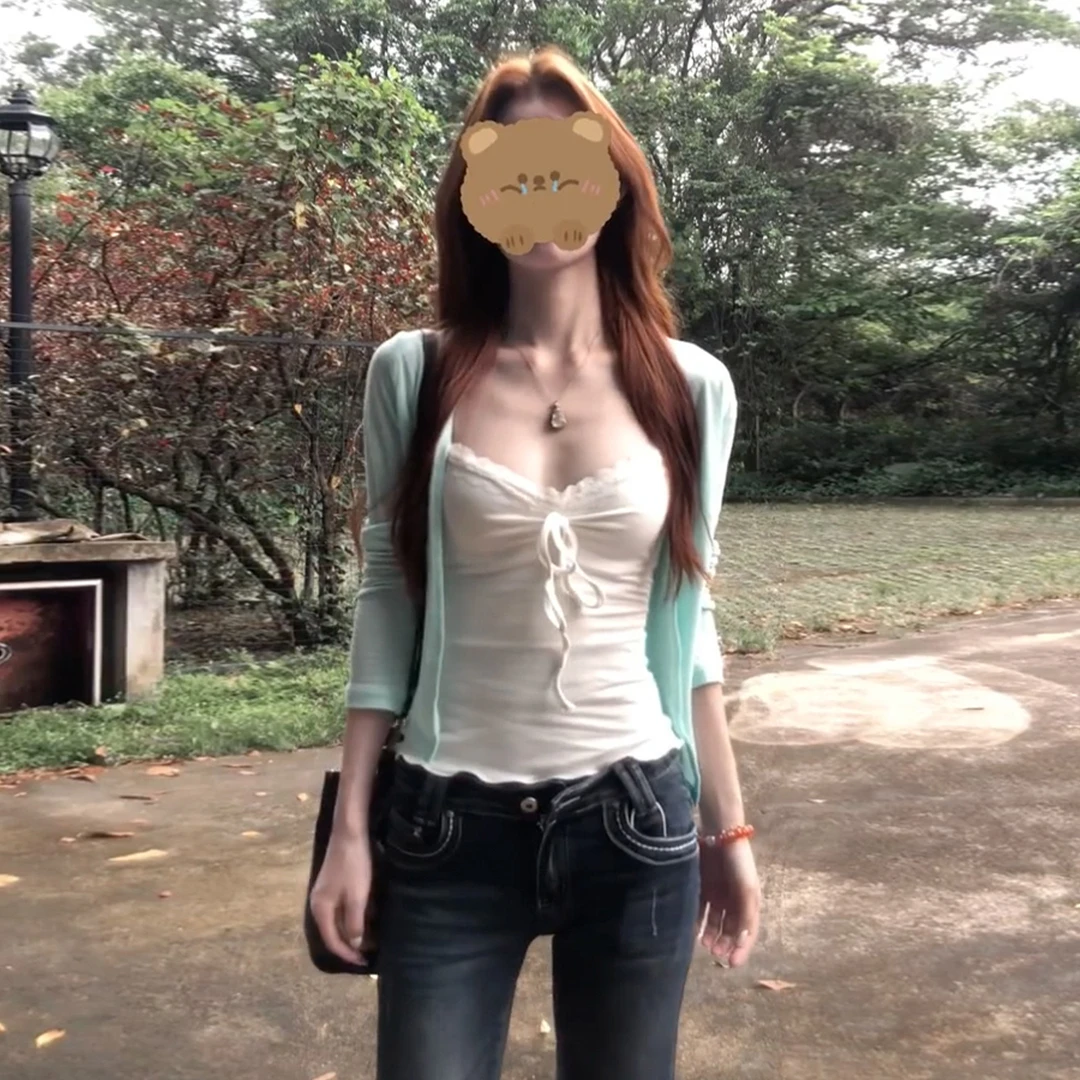 韩系纯欲白色v领蕾丝背心吊带女秋冬女装粉色开衫防晒上衣两件套