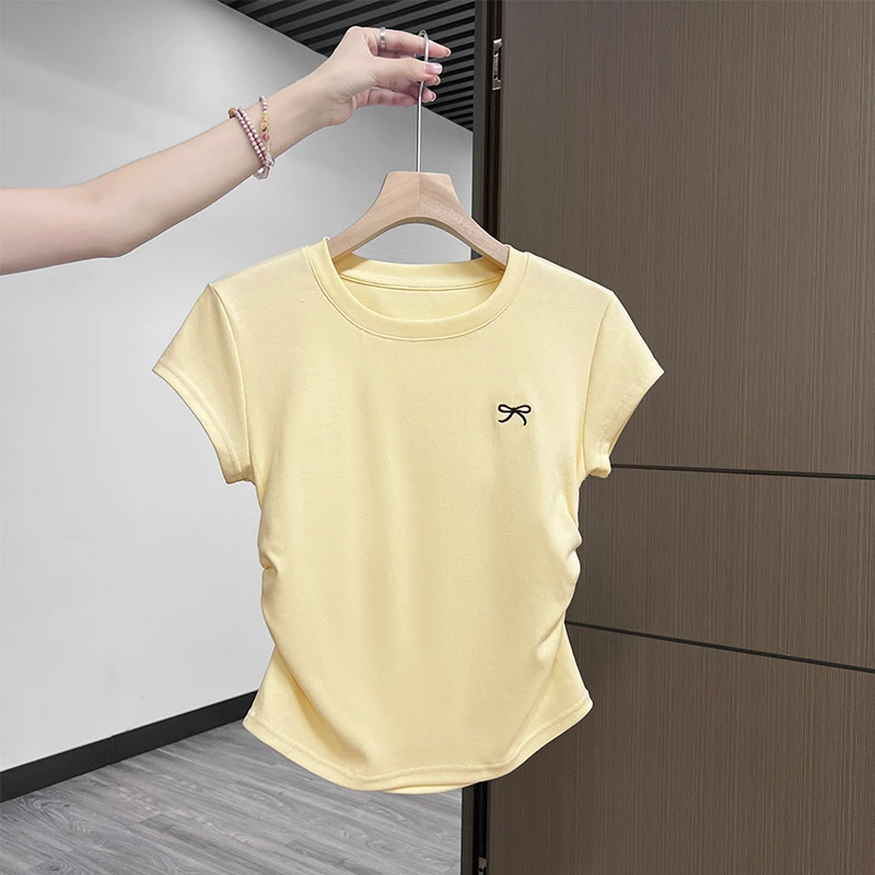 甜美韩系短袖微胖女生修身显瘦显白大码正肩棉T恤夏季褶皱设计感