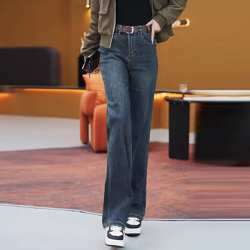 雅鹿加厚加绒牛仔裤女秋冬新款宽松小个子窄版高腰显瘦直筒阔腿裤
