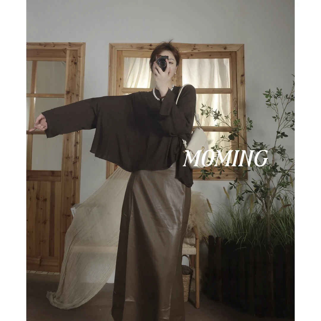 MOMING早秋新品 浮影 法式复古感慵懒重工拼接蝙蝠袖针织衫