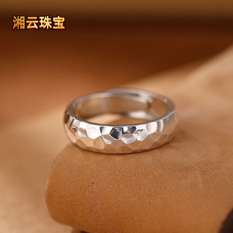 足银戒指 纯银素圈锤纹戒指男女对戒手工戒活口可调节情侣小众