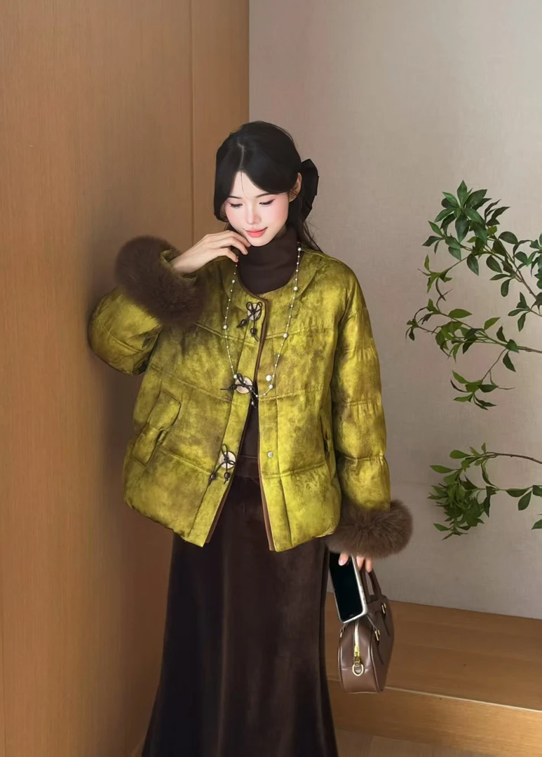 【钰姐精选】美欣8119-新中式小羽内胆拼接毛袖气质外套时尚百搭