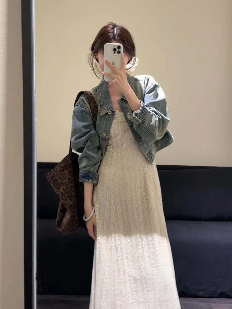 2025秋季新款韩系松弛感穿搭牛仔外套搭配蕾丝背心连衣裙两件套潮