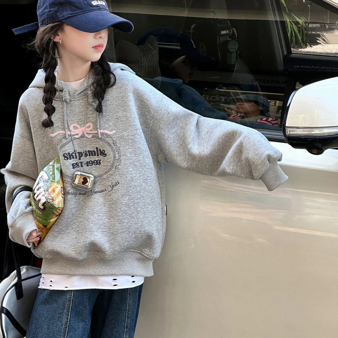 女童蝴蝶结卫衣秋装2025新款小女孩12岁15初中生连帽套头宽松韩版