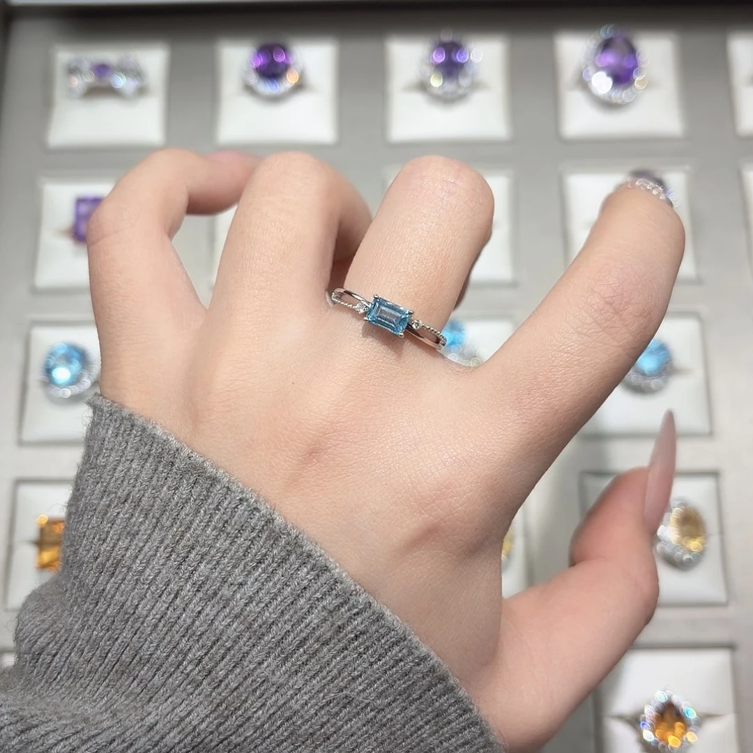 托帕石戒指银S925镶嵌设计款长方圣玛丽亚蓝