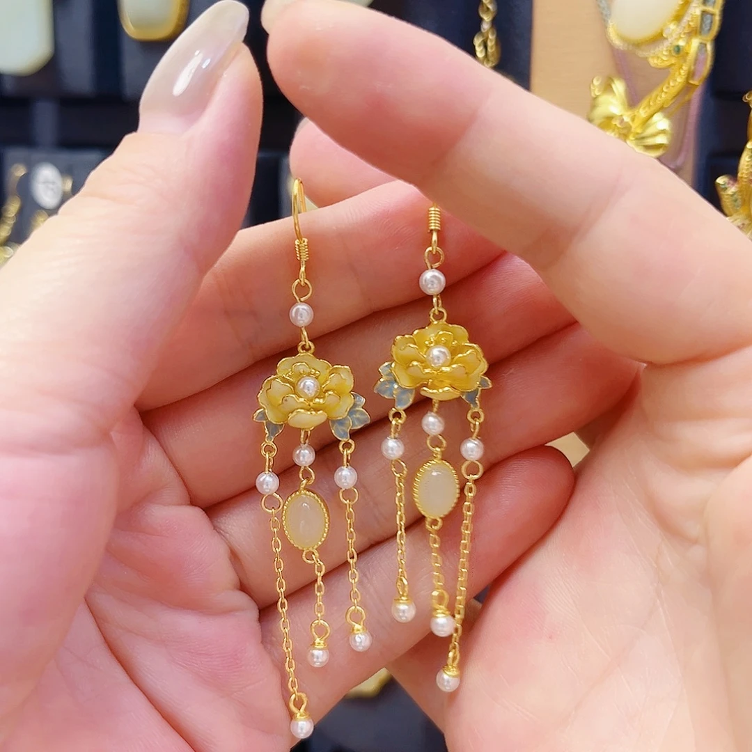 和田玉银S925镀金镶嵌耳饰