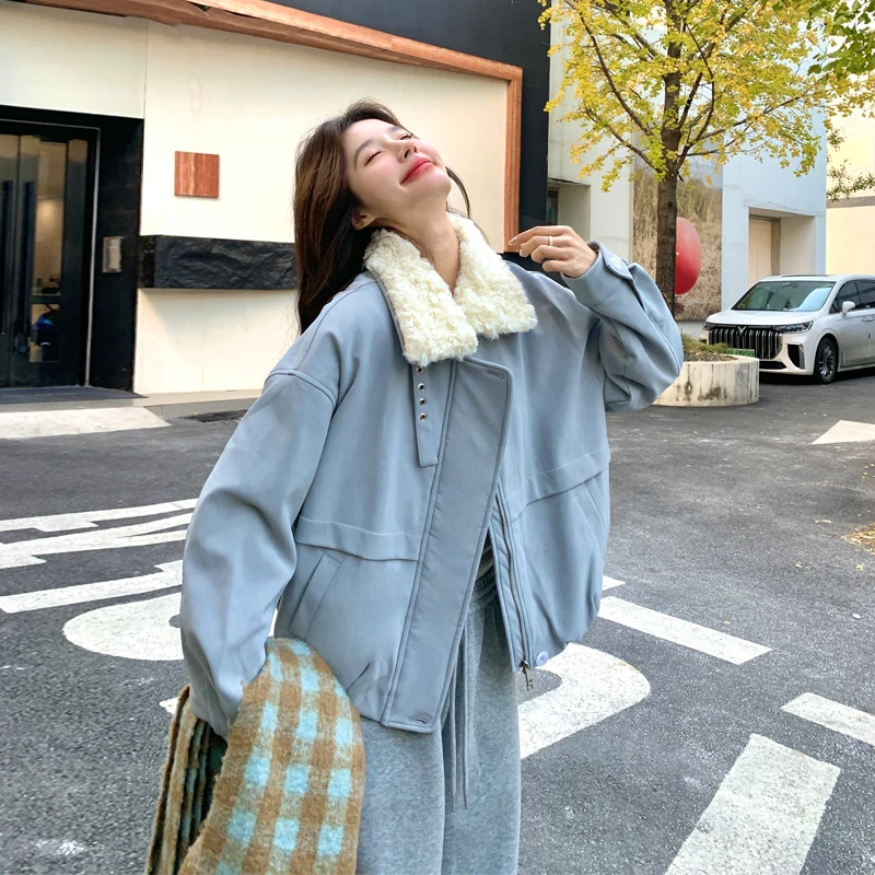 韩系ins风羊羔毛翻领羽绒服2025冬季新款复古温柔风加厚夹克外套