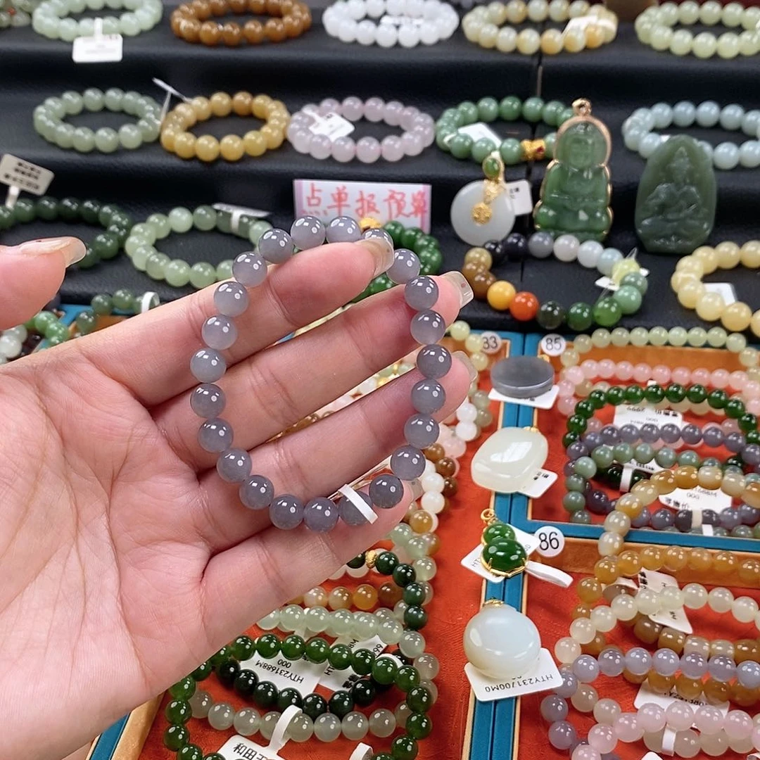 和田玉手链 8MM未镶嵌烟紫