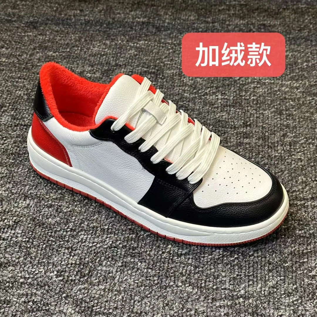 (黑红加绒)头层牛皮新款小白鞋男鞋透气真皮鞋休闲板鞋低帮男士