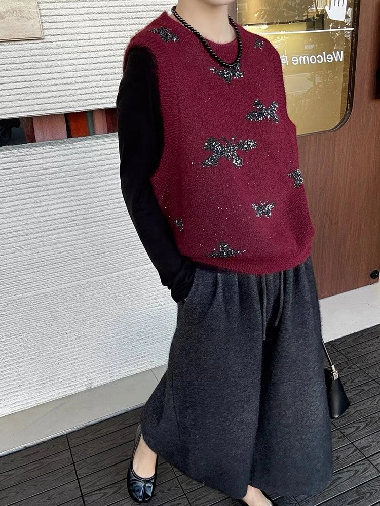 7004-2-CQ红色真两件套蝴蝶亮片针织上衣（80-135）