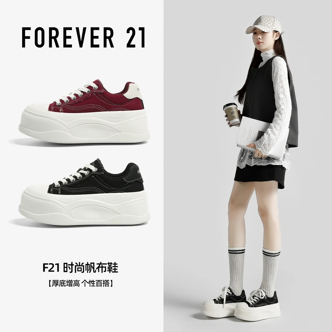 F21新款低帮圆头系带秋季女厚底增高显瘦帆布鞋ins风百搭潮流女鞋