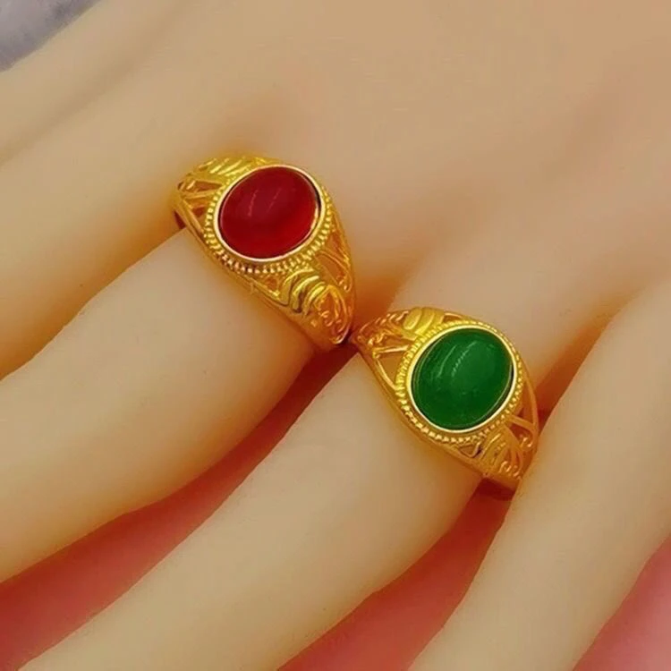 铜合金合成锆石戒指 开口 精工红绿民族风戒镶嵌情侣