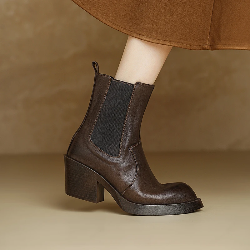 跟高6.5厘米/头层牛皮/真皮复古短靴切尔西靴百搭厚底粗跟烟管靴