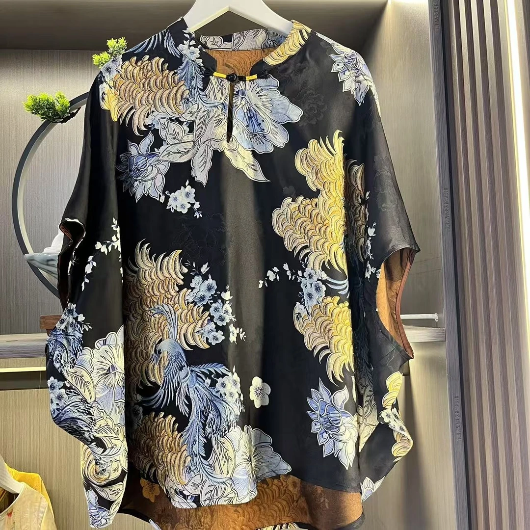 （凤凰黑）2025年国风新中式夏季新款人丝香云纱遮肉显瘦宽松版上衣