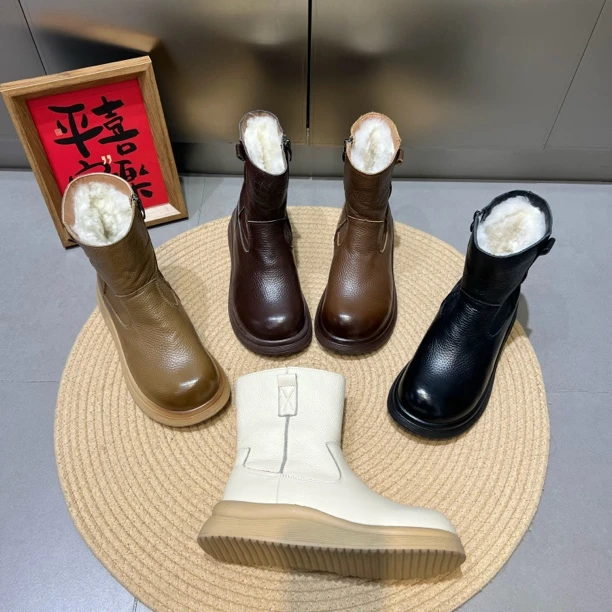 25冬季新款牛皮羊毛加厚软底防滑百搭女k51018厚底时尚中筒马丁靴