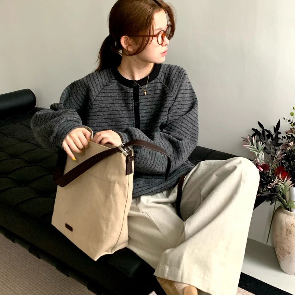 NINI定制加绒条纹卫衣韩系慵懒百搭洋气款