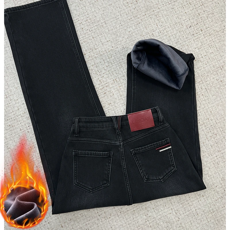 黑灰色加绒2024冬季真超绒窄版阔腿牛仔裤加厚保暖显瘦牛仔