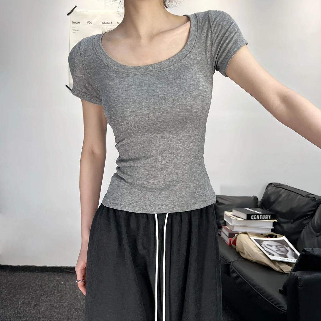 夏季纯欲慵懒风U领短袖纯欲风T恤女新款辣妹修身纯欲正肩T恤ZB99
