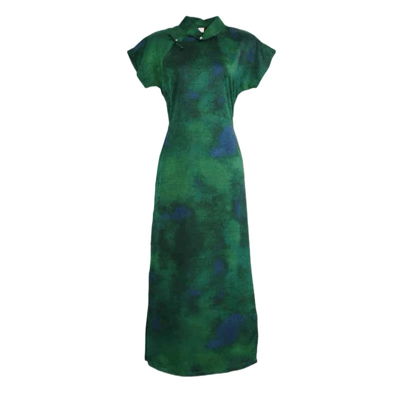 送考绿色旗袍长裙日常做旧优雅长旗袍立领旗袍复古少女夏季双层