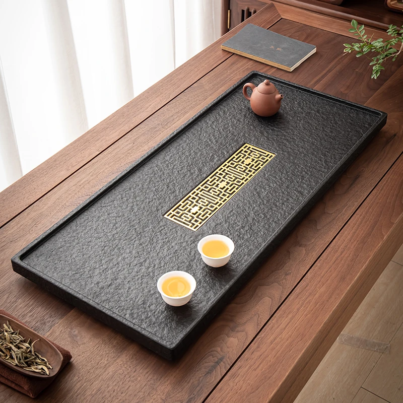 当代 天然乌金石茶盘整块石材排水快速家用新中式大小号茶台托盘