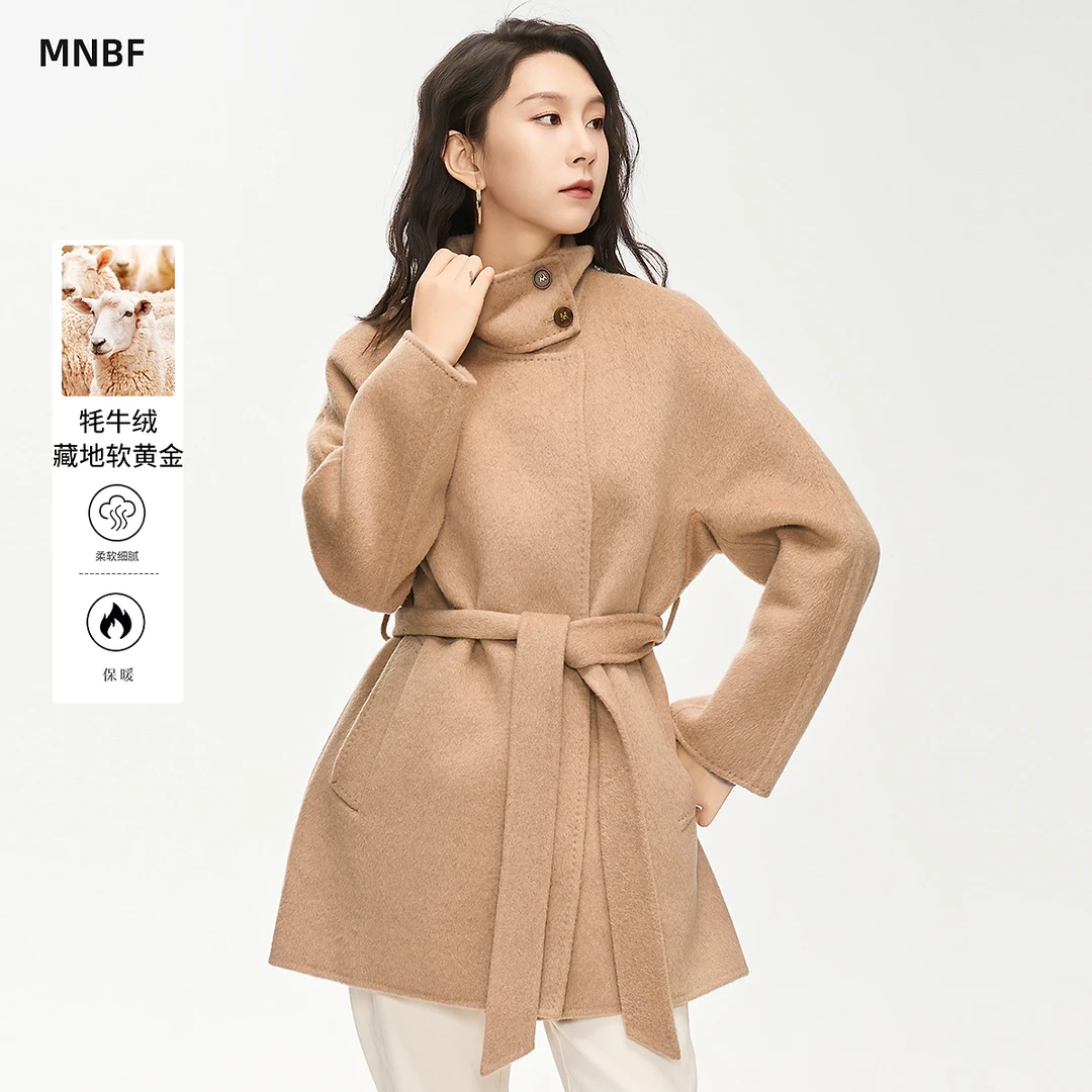 商场同款冬季简约立领系带双面呢外套大衣MFEG142071