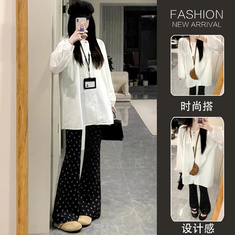 孕妇套装春季宽松休闲简约衬衫印花微喇瘦腿裤潮妈韩系洋气
