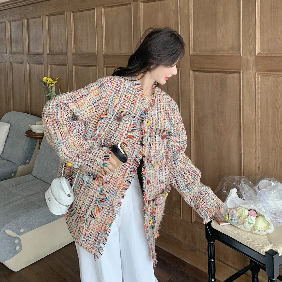 彩色圆领小香风粗花呢短外套女春季新款甜美温柔穿搭百搭编织上衣