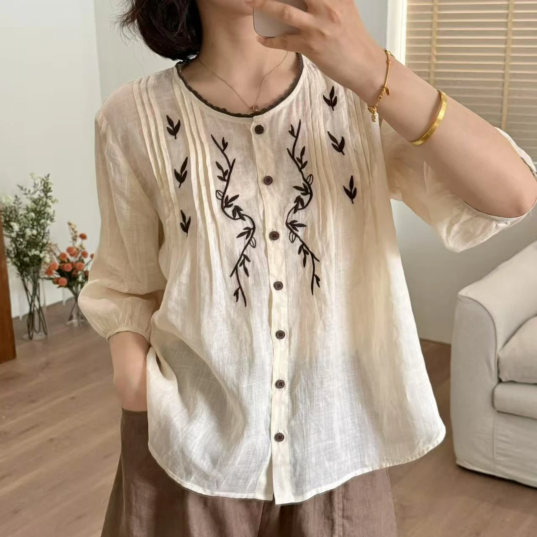 常樂家2025夏季新款纯苎麻娃娃领刺绣圆领小衫917