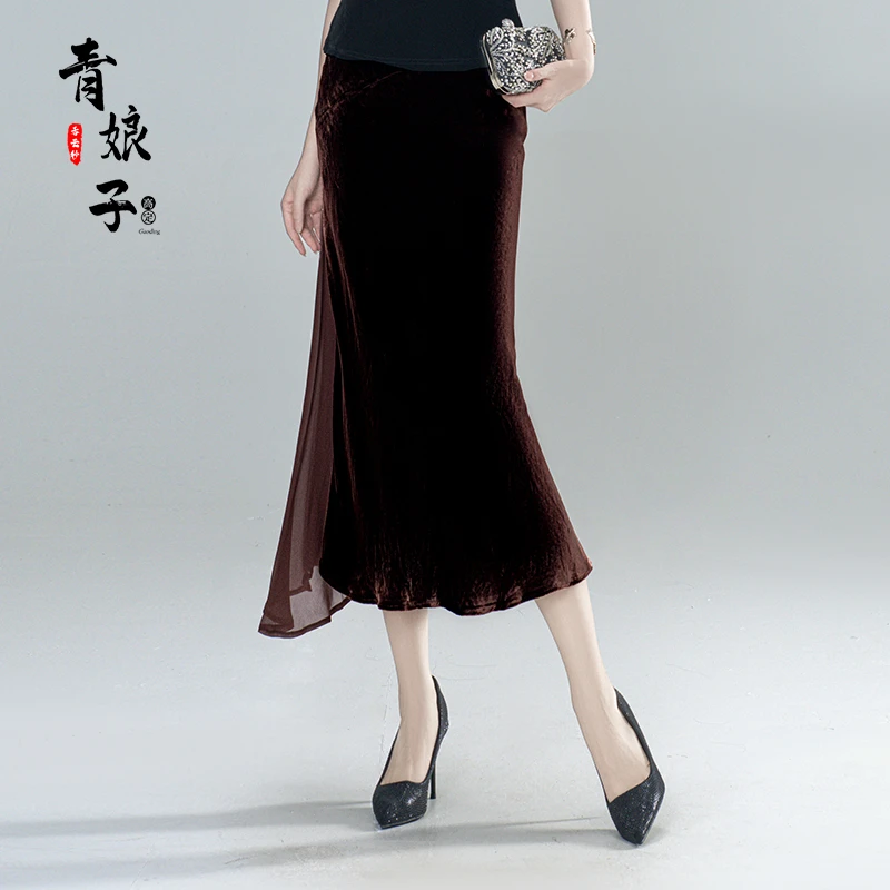 青娘子100真丝丝绒（璧情）拼接网纱清冷系禅意气质百搭半身裙61335