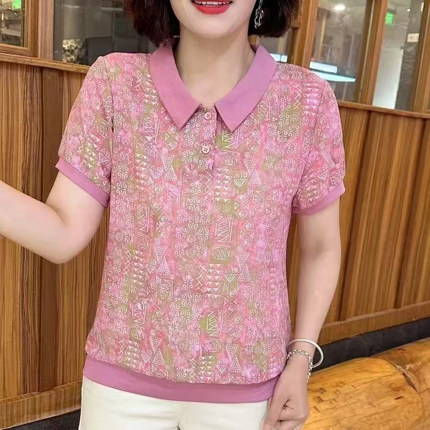 娃娃领短袖T恤复古粉色女士休闲妈妈装百搭洋气休闲大码