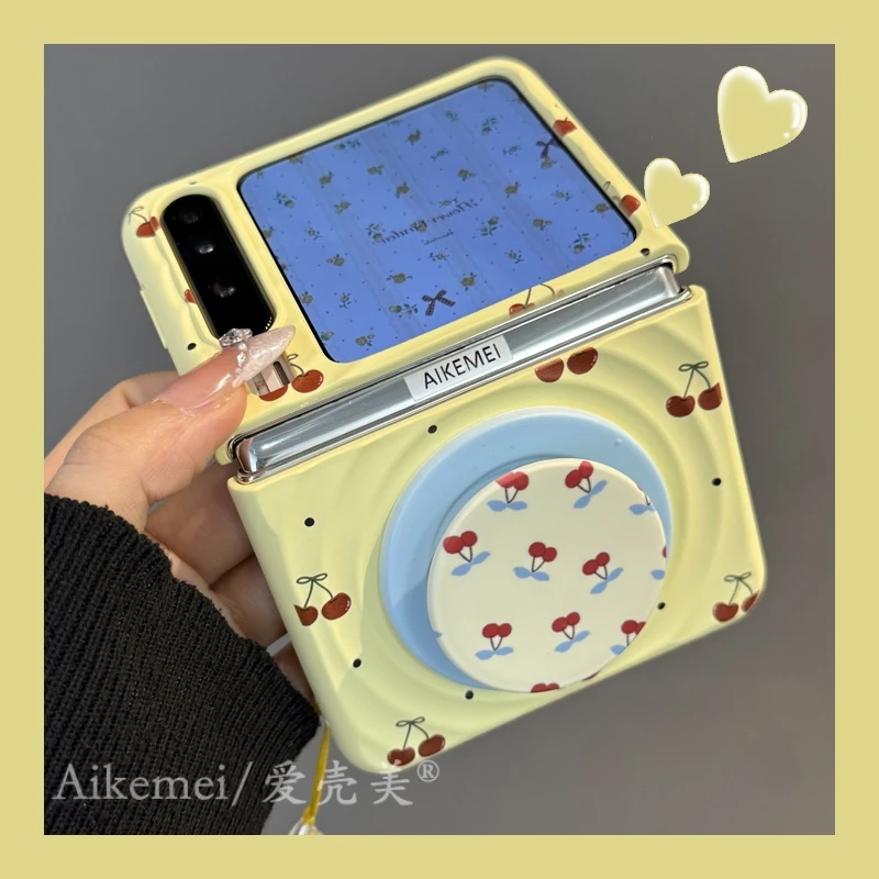 适用华为purax典藏版折叠屏手机壳pocket2奶黄色波点樱桃磁吸支架