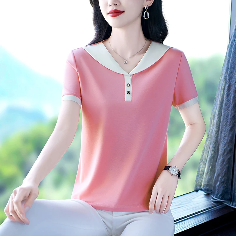 恩狐夏季2025新款中老年妈妈装套头短袖时尚上衣简约休闲T恤