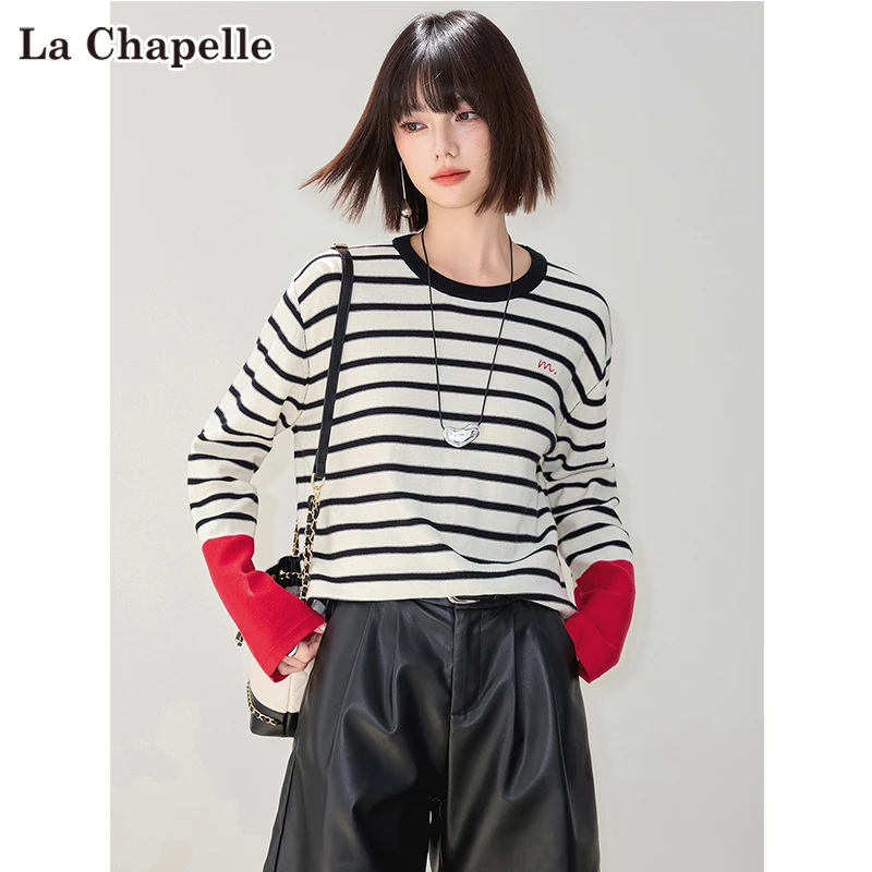 拉夏贝尔条纹打底衫女长袖t恤2025秋冬新款内搭撞色针织上衣外穿