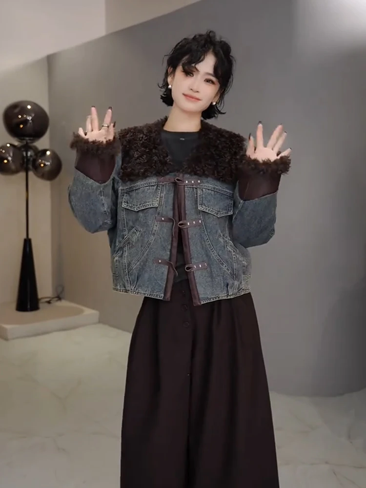 港风复古气质加厚保暖短外套2025秋冬新款皮毛一体牛仔派克服女装