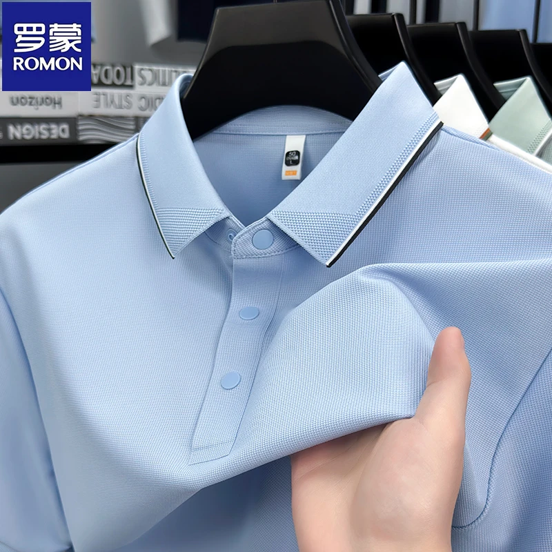 罗蒙冰丝凉感无痕短袖T恤男夏季纯色简约翻领锦氨薄款休闲polo衫
