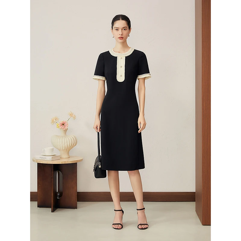 【雅致小黑裙】YINER音儿新款撞色雪纺珠钻链连衣裙8C65305116