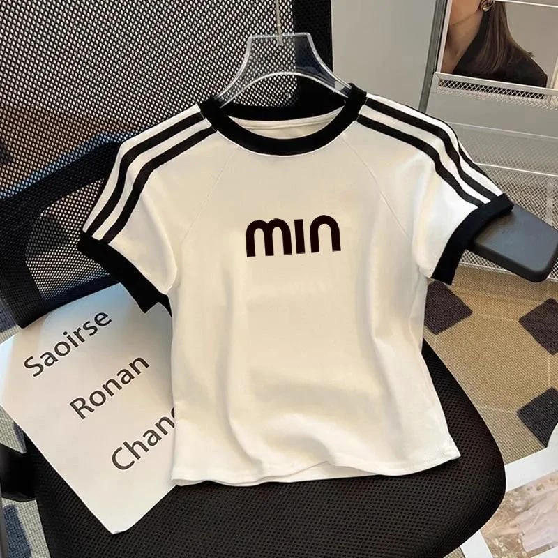 儿童条纹拼接字母印花显瘦短款短袖t恤女夏季2025新款女童上衣潮