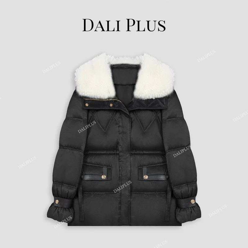 DALI PLUS100醋酸拼接羊毛翻领90鸭绒服拼皮保暖羽绒服-D4CH0078