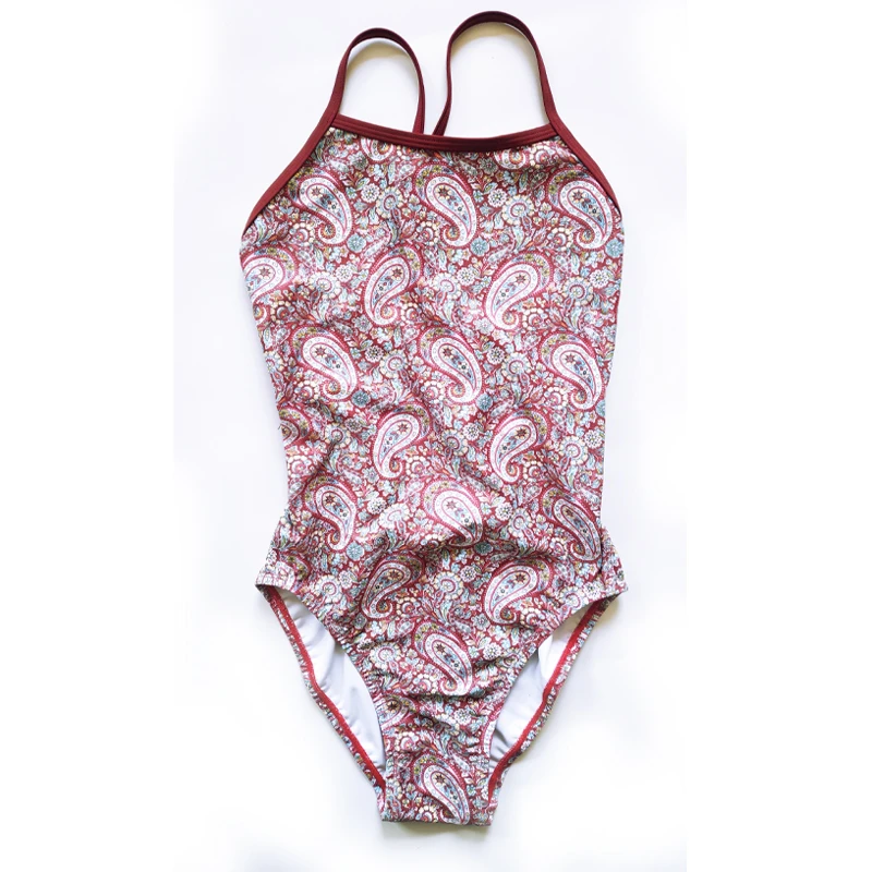 红色腰果花新款显瘦露背连体时尚遮肚温泉竞速显白运动泳衣