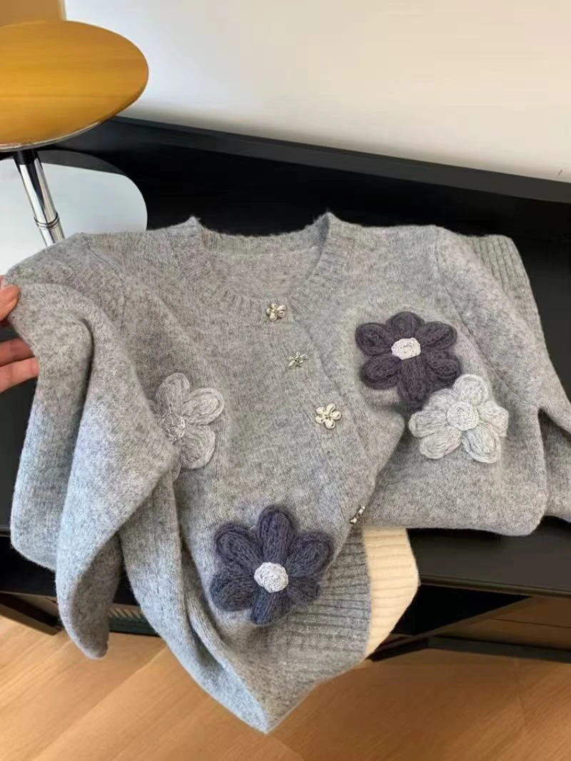 【编码39】特色花朵毛针织衫秋季长袖百搭洋气宽松圆领ins秋冬上衣