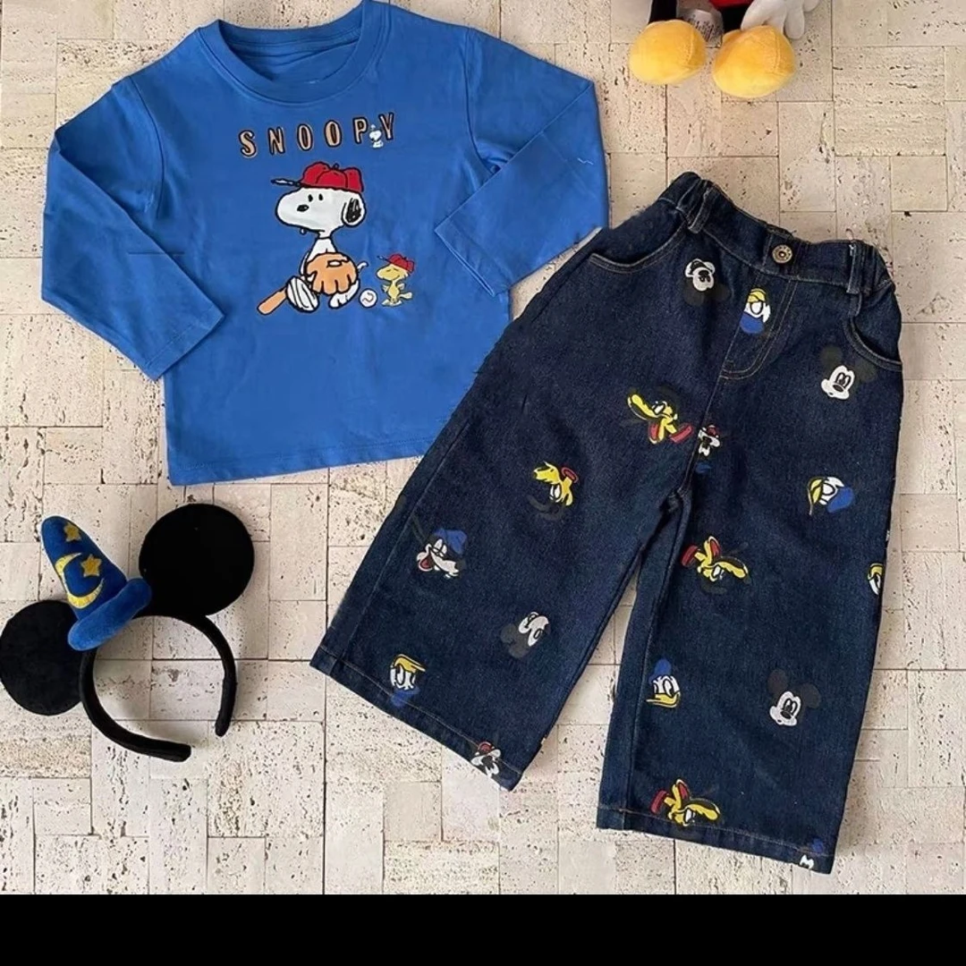 秋季儿童满印牛仔裤2025新款洋气米奇史努比卡通深蓝色牛仔直筒裤