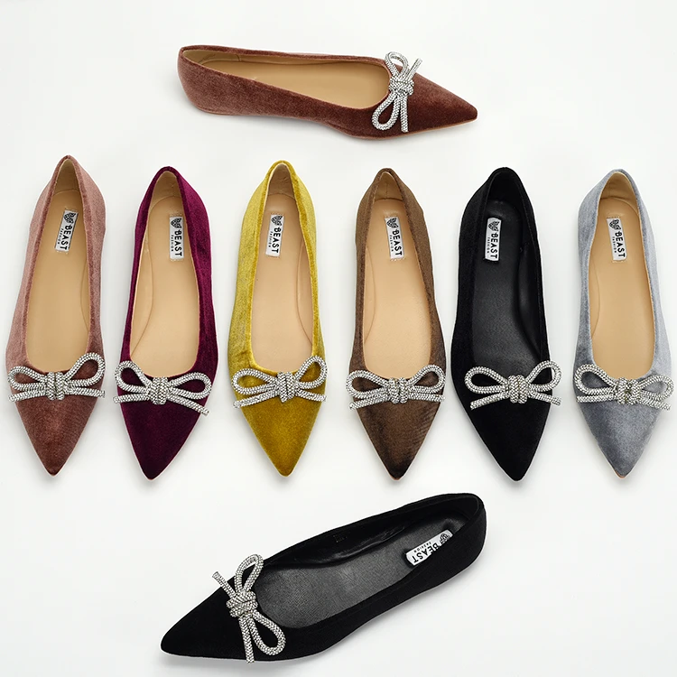 美国原单天鹅丝绒尖头浅口蝴蝶结水钻平底软单鞋122