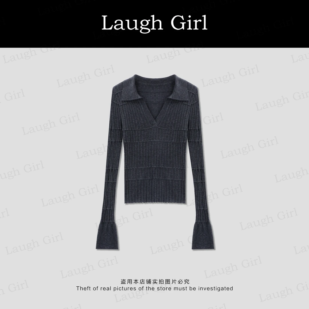 楚楚君 Laugh girl【温柔格调】翻领显瘦V领针织毛衣XL531066J