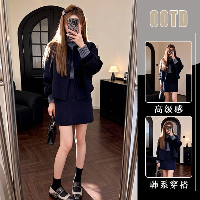 现货/韩系轻奢梨形身材穿搭一整套装胖mm毛呢外套针织毛衣三件套