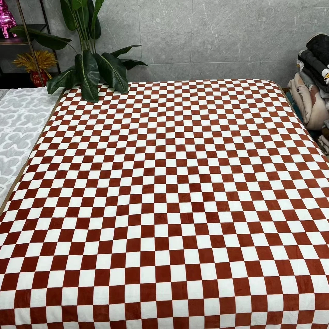 恒峰家纺1.5*2.0【棕白格子被子】单人印花奶绒加绒加厚可机洗被