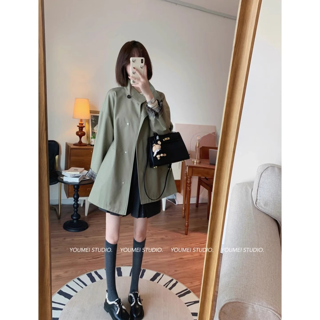 Benview【诺丁山下】2025春季撞色风衣外套廓形显瘦宽松英伦风大衣